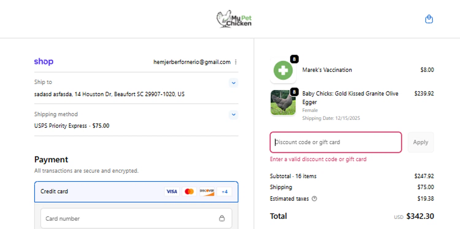 My Pet Chicken discount code screenshot showing code EXCLUSIVE20 applied at My Pet Chicken checkout page. Uploaded by SimplyCodes community member Josemedina on Dec 10, 2025