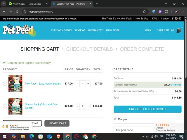 My Pet Peed checkout page showing My Pet Peed coupon code box | Screenshot taken by SimplyCodes community member on Jul 25, 2025