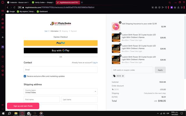 My Photo Socks checkout page showing My Photo Socks promo code box | Screenshot taken by SimplyCodes community member on Apr 14, 2025