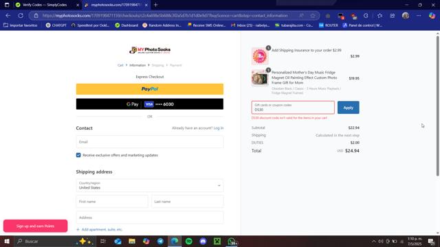 My Photo Socks checkout page showing My Photo Socks promo code box | Screenshot taken by SimplyCodes community member on May 7, 2025