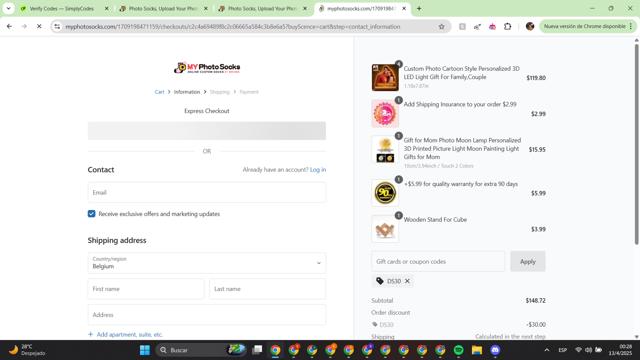 My Photo Socks checkout page showing My Photo Socks promo code box | Screenshot taken by SimplyCodes community member on Apr 13, 2025