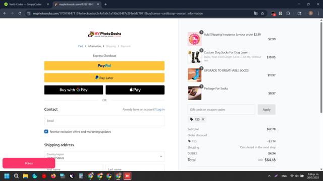 My Photo Socks checkout page showing My Photo Socks promo code box | Screenshot taken by SimplyCodes community member on Jul 20, 2025