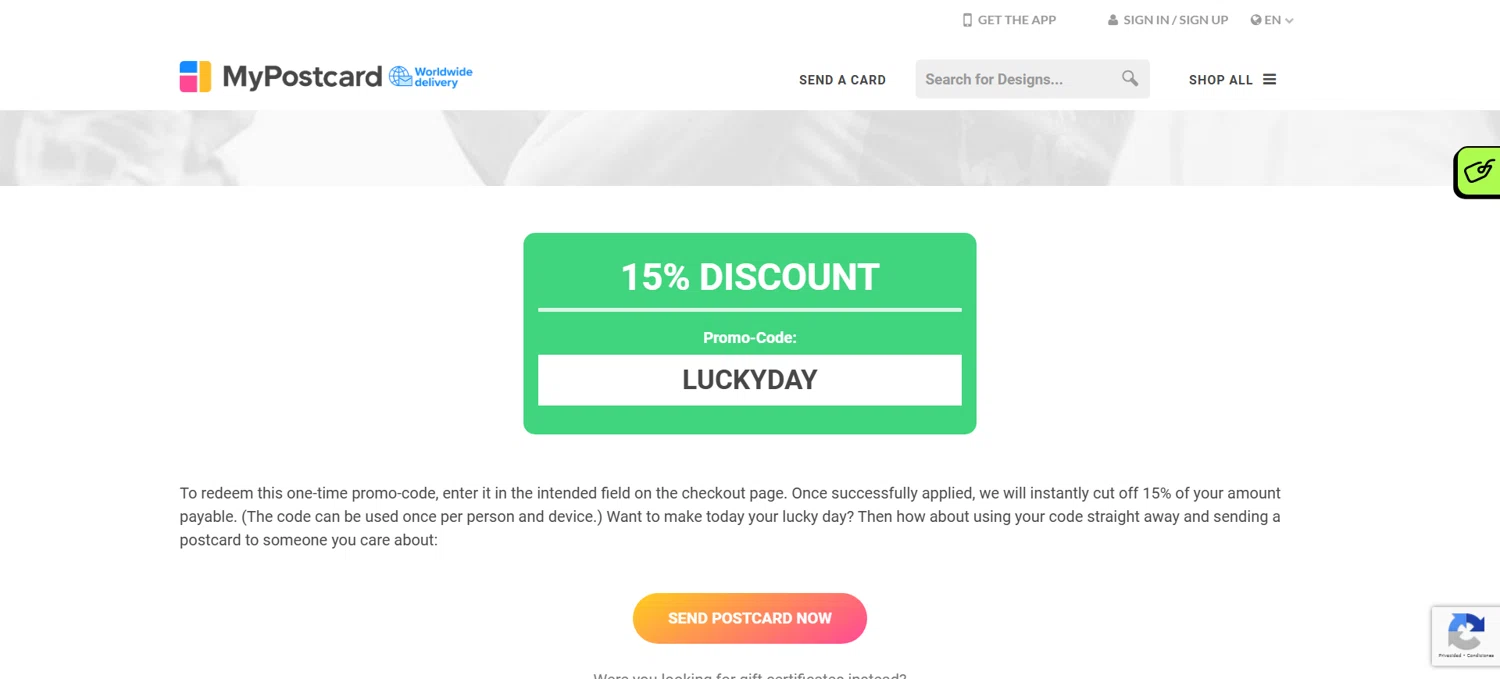 MyPostcard promo code screenshot showing code LUCKYDAY applied at MyPostcard checkout page. Uploaded by SimplyCodes community member pabloprieto on Mar 28, 2025