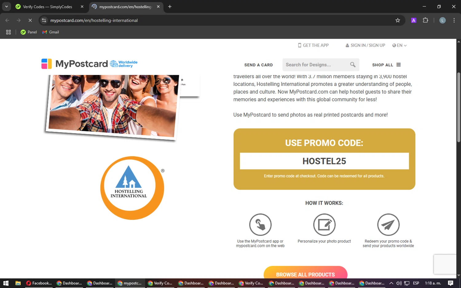 MyPostcard promo code screenshot showing code HOSTEL25 applied at MyPostcard checkout page. Uploaded by SimplyCodes community member Laureandiaz on Mar 25, 2025