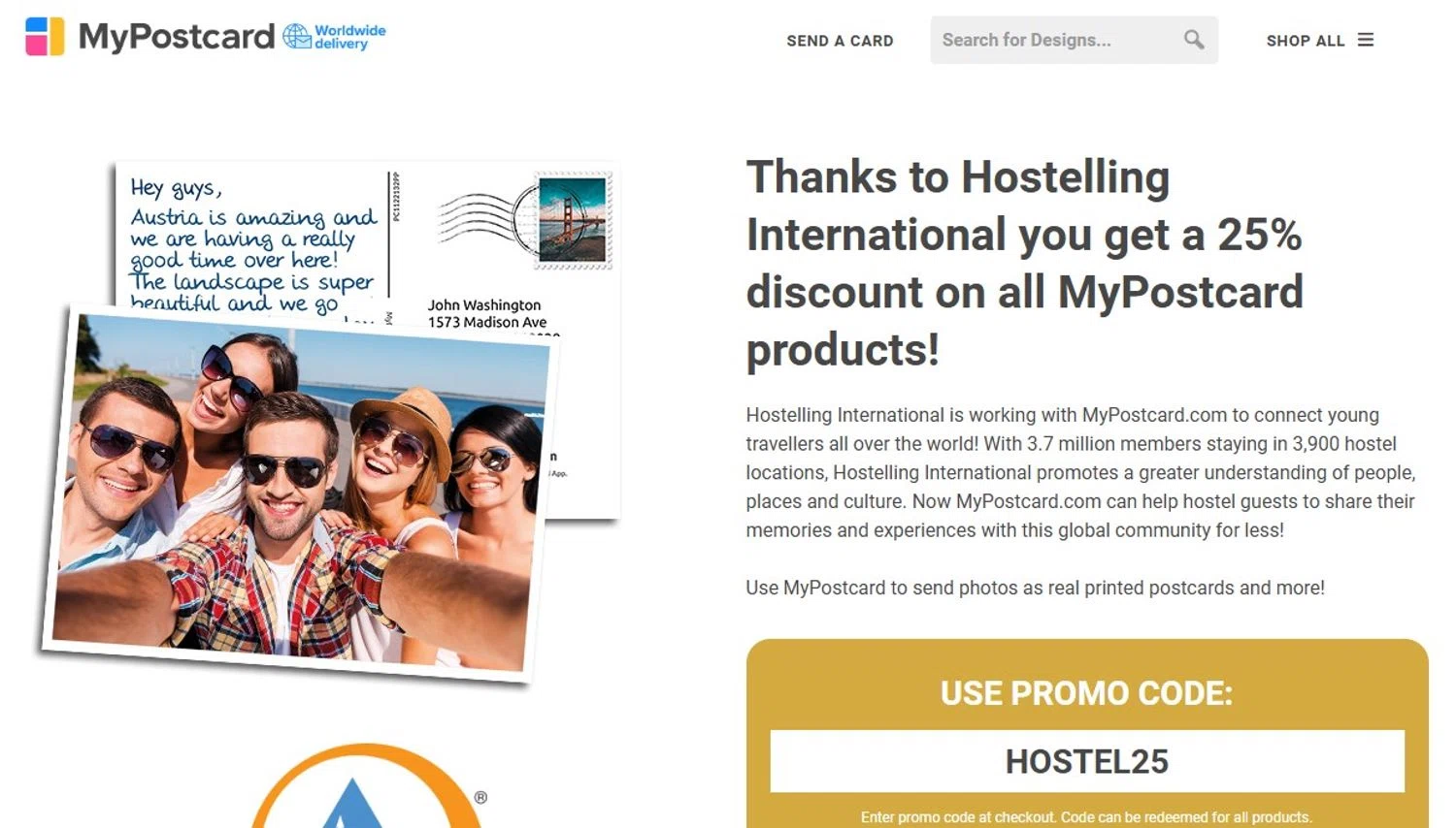 MyPostcard promo code screenshot showing code HOSTEL25 applied at MyPostcard checkout page. Uploaded by SimplyCodes community member Olorinnnnn on Jul 22, 2025