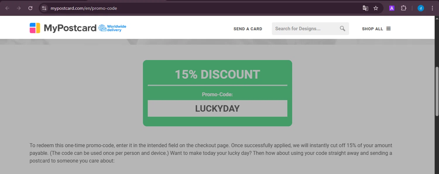 MyPostcard promo code screenshot showing code LUCKYDAY applied at MyPostcard checkout page. Uploaded by SimplyCodes community member ShieldKnight4744 on Oct 14, 2025