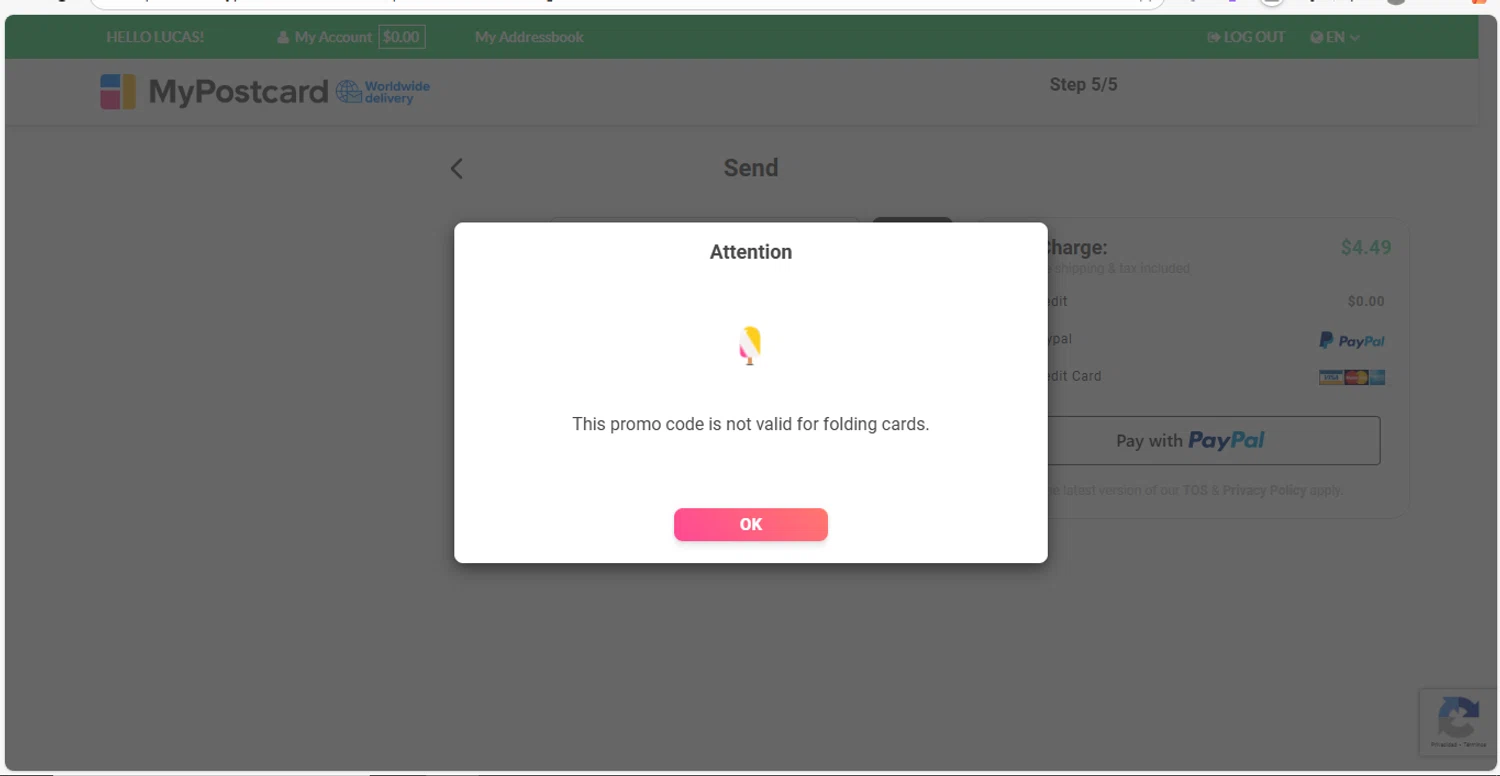 MyPostcard promo code screenshot showing code ALEXC8RA applied at MyPostcard checkout page. Uploaded by SimplyCodes community member MagnificentVirtuoso8433 on Nov 16, 2025