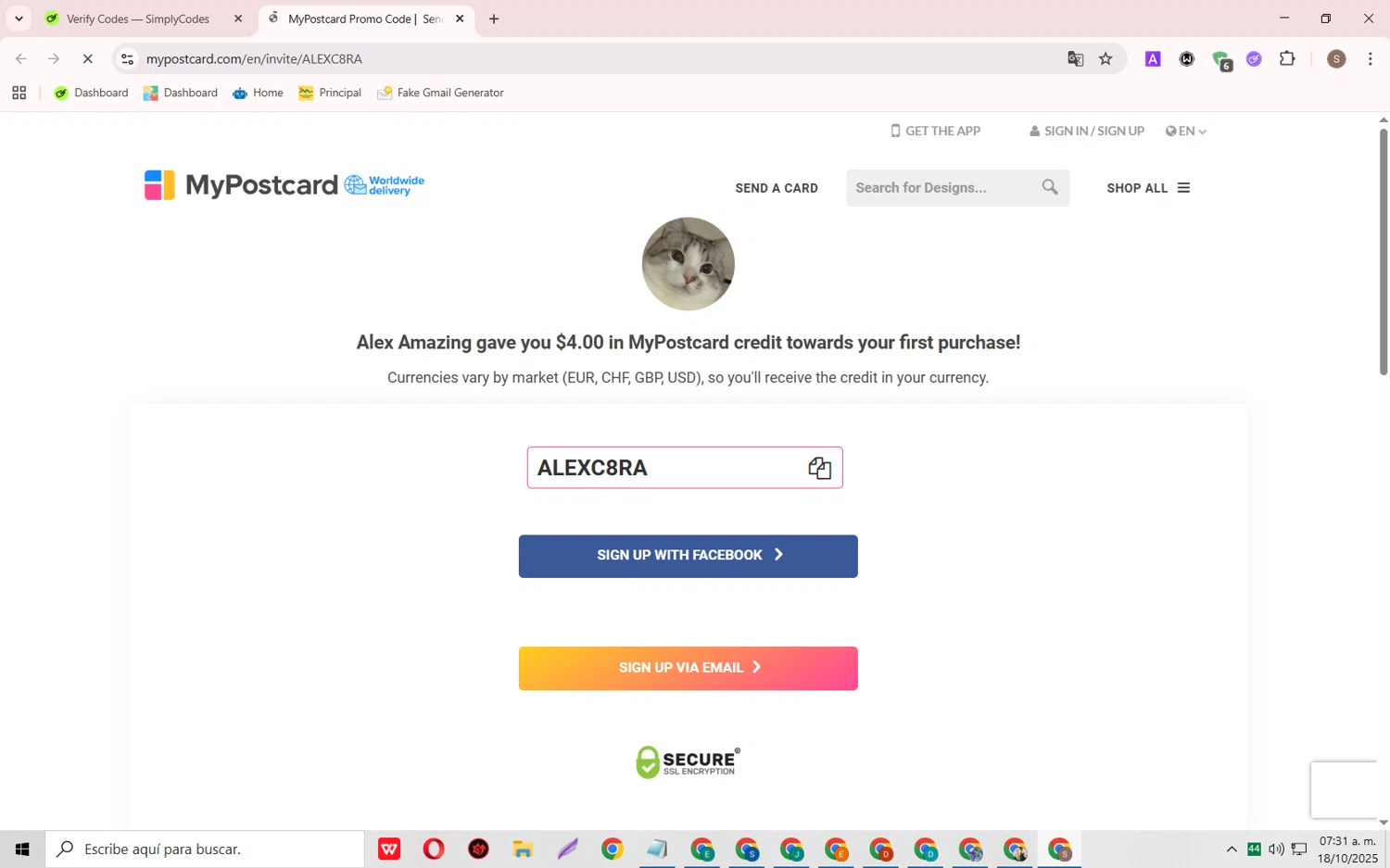 MyPostcard promo code screenshot showing code ALEXC8RA applied at MyPostcard checkout page. Uploaded by SimplyCodes community member TreasurePioneer6575 on Oct 18, 2025
