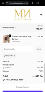BDAY20 coupon verification screenshot