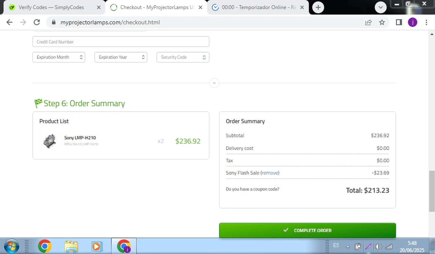 My Projector Lamps coupon code screenshot showing code SONY10 applied at My Projector Lamps checkout page. Uploaded by SimplyCodes community member QuestScholar4095 on Jun 20, 2025