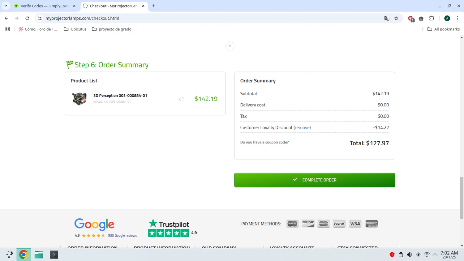 My Projector Lamps coupon code screenshot showing code SAVE10 applied at My Projector Lamps checkout page. Uploaded by SimplyCodes community member admeneses on Jan 28, 2025