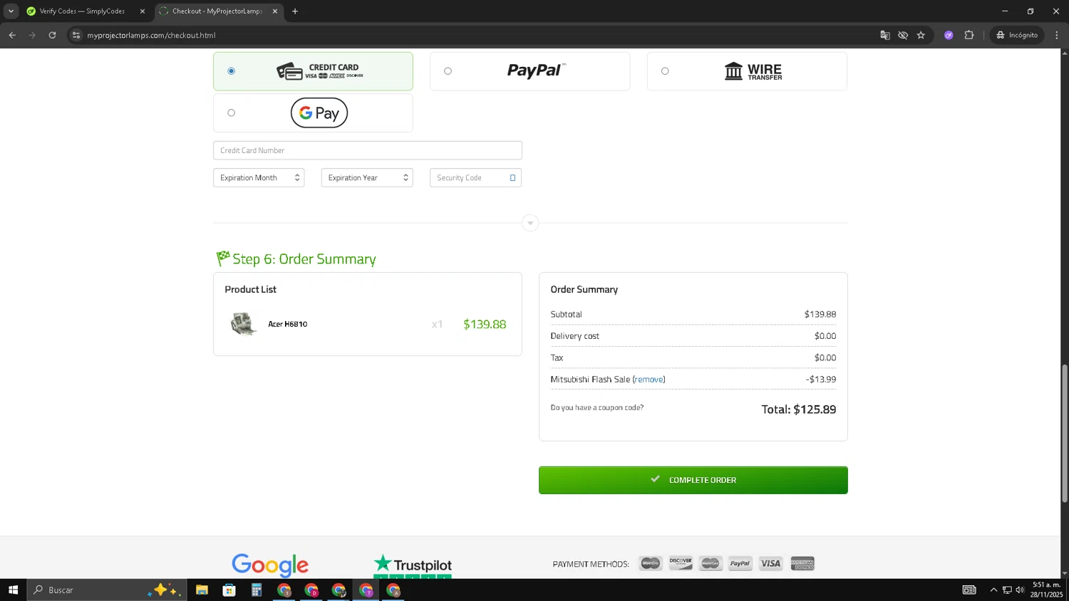 My Projector Lamps coupon code screenshot showing code MITSUBISHI10 applied at My Projector Lamps checkout page. Uploaded by SimplyCodes community member ShrewdSleuth9497 on Nov 28, 2025