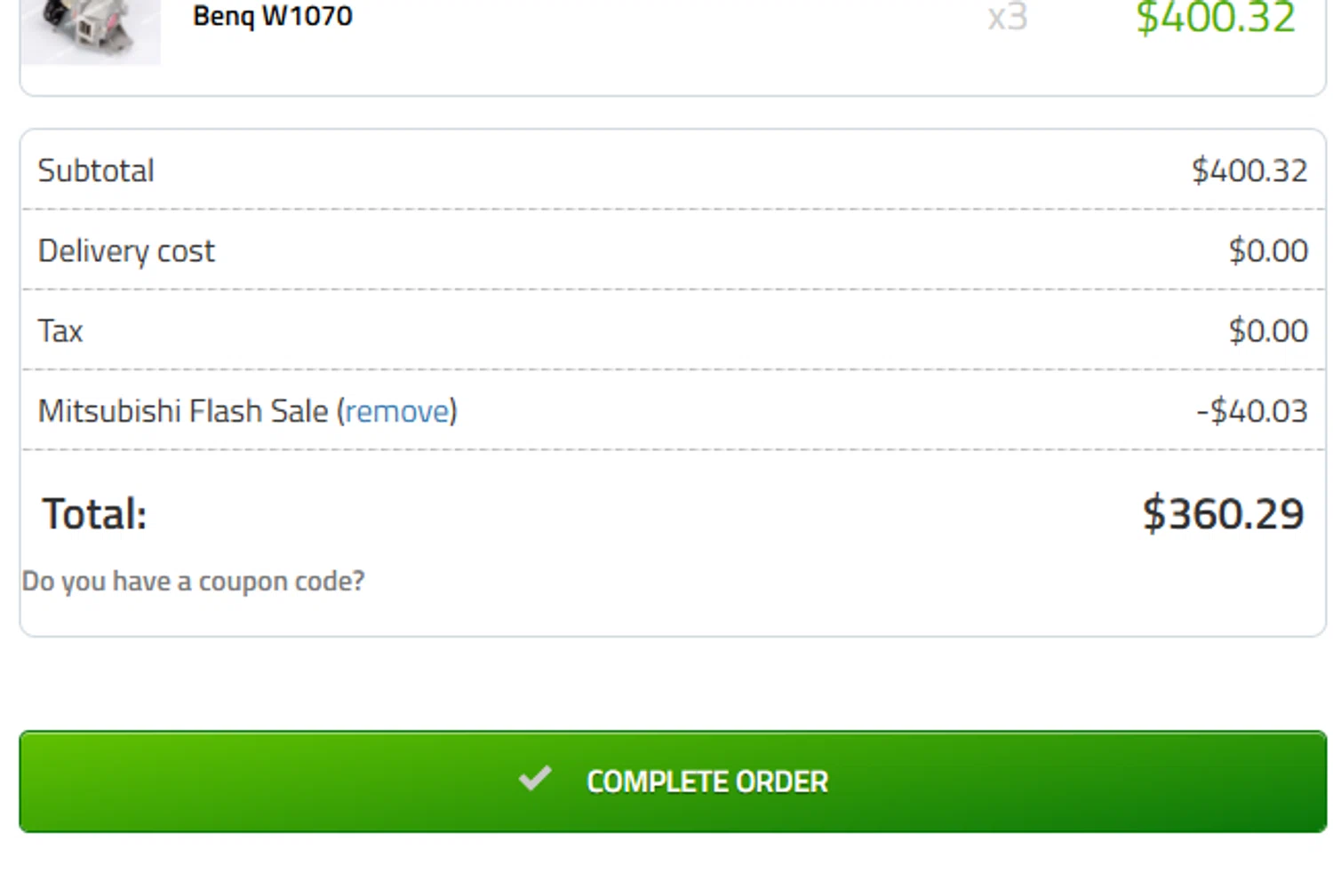 My Projector Lamps coupon code screenshot showing code MITSUBISHI10 applied at My Projector Lamps checkout page. Uploaded by SimplyCodes community member CleverLynx5188 on Aug 4, 2025