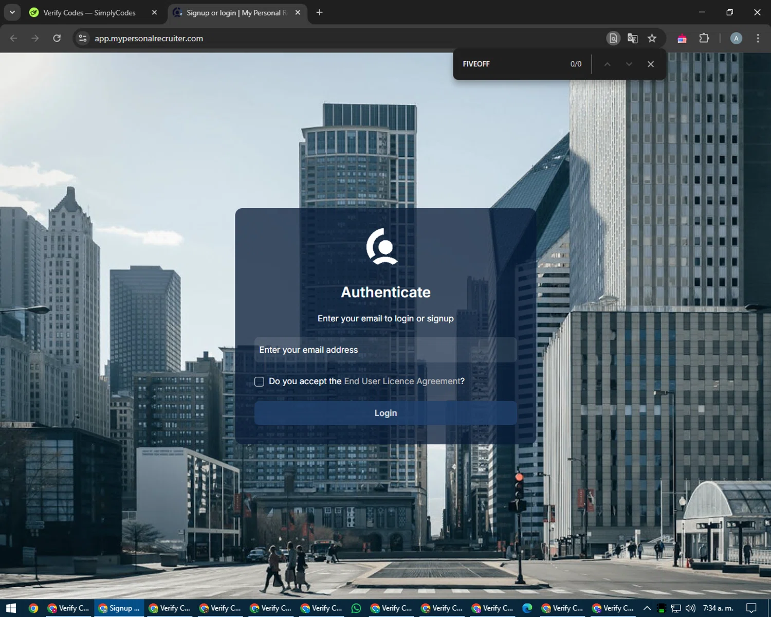 My Personal Recruiter promo code screenshot showing code FIVEOFF applied at My Personal Recruiter checkout page. Uploaded by SimplyCodes community member trippieredd on Feb 23, 2025