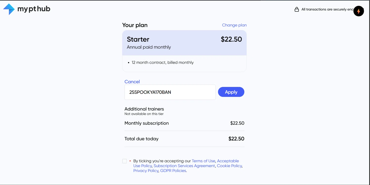 My PT Hub promo code screenshot showing code 25SPOOKYA170BAN applied at My PT Hub checkout page. Uploaded by SimplyCodes community member ArthurMorgan on Mar 25, 2026