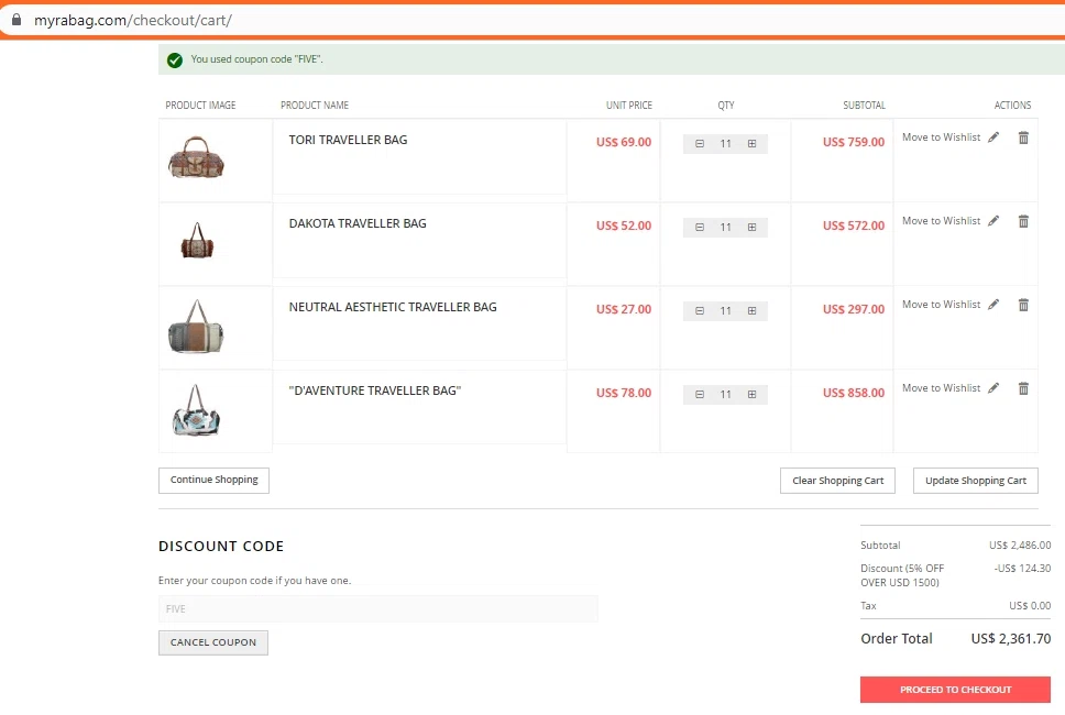 Myra Bag checkout page showing Myra Bag discount code box | Screenshot taken by SimplyCodes community member on Jan 5, 2023