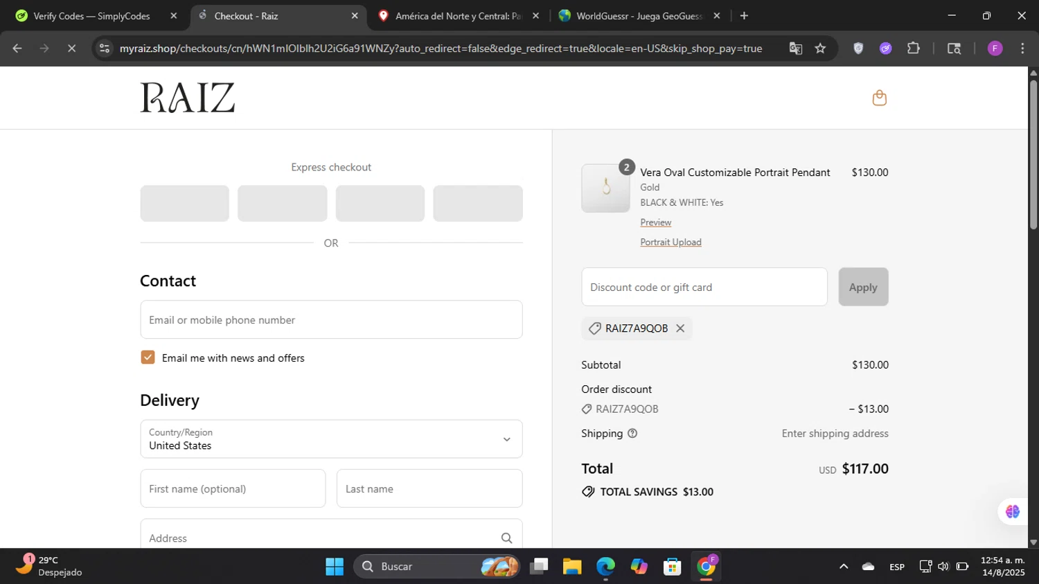 Raiz promo code screenshot showing code RAIZ7A9QOB applied at Raiz checkout page. Uploaded by SimplyCodes community member Elwao0213 on Aug 14, 2025