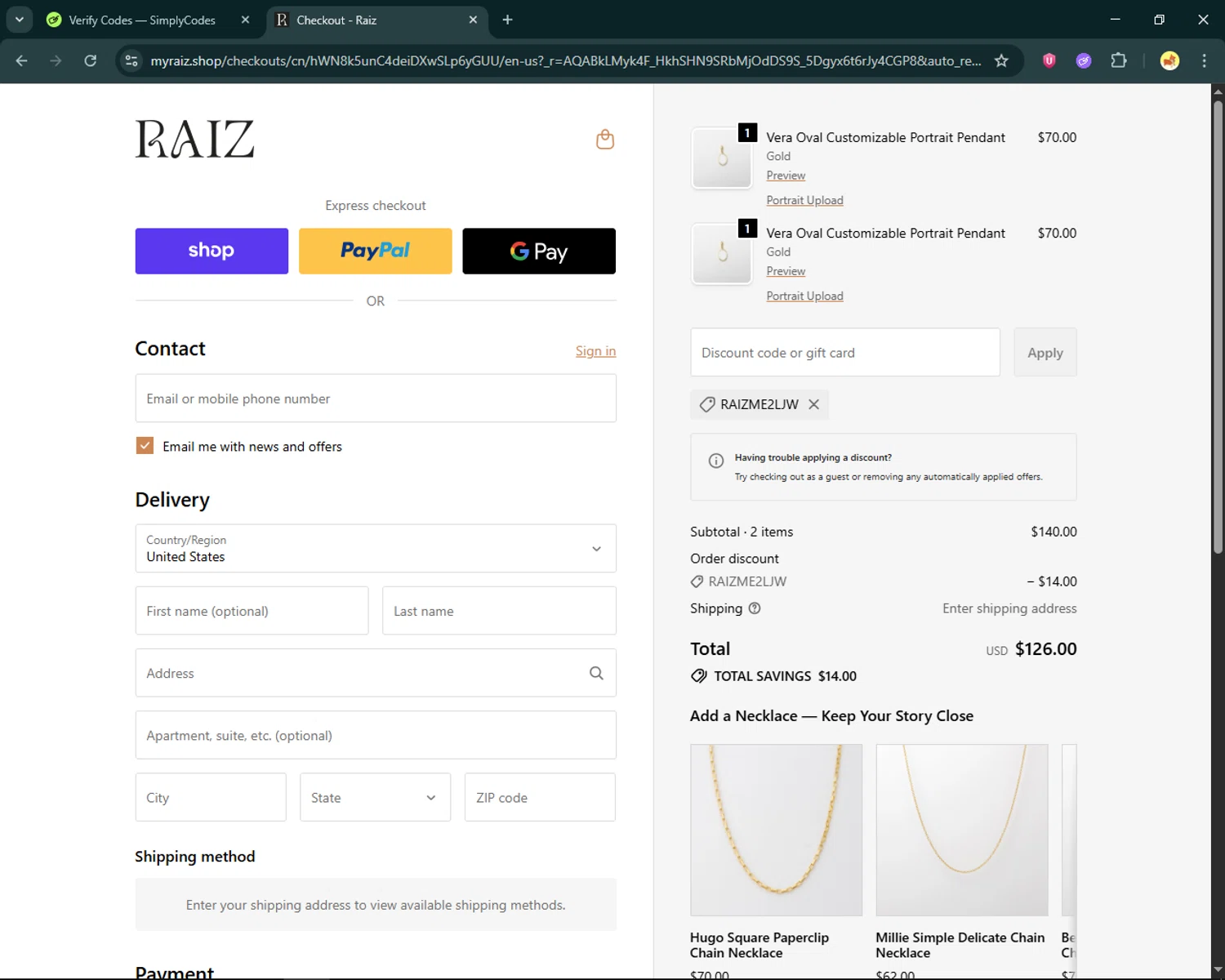 Raiz checkout page showing Raiz promo code box | Screenshot taken by SimplyCodes community member on Feb 13, 2026