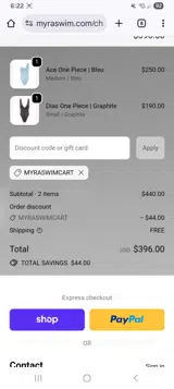 Myraswimcart coupon verification screenshot