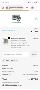 WELCOME10 coupon verification screenshot