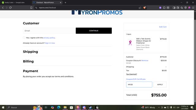 Myron checkout page showing Myron promo code box | Screenshot taken by SimplyCodes community member on Jul 21, 2025
