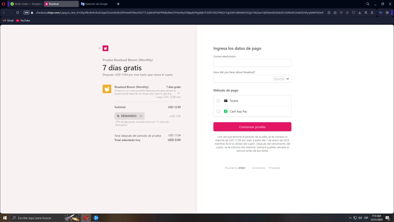 Rosebud checkout page showing Rosebud promo code box | Screenshot taken by SimplyCodes community member on Dec 31, 2024