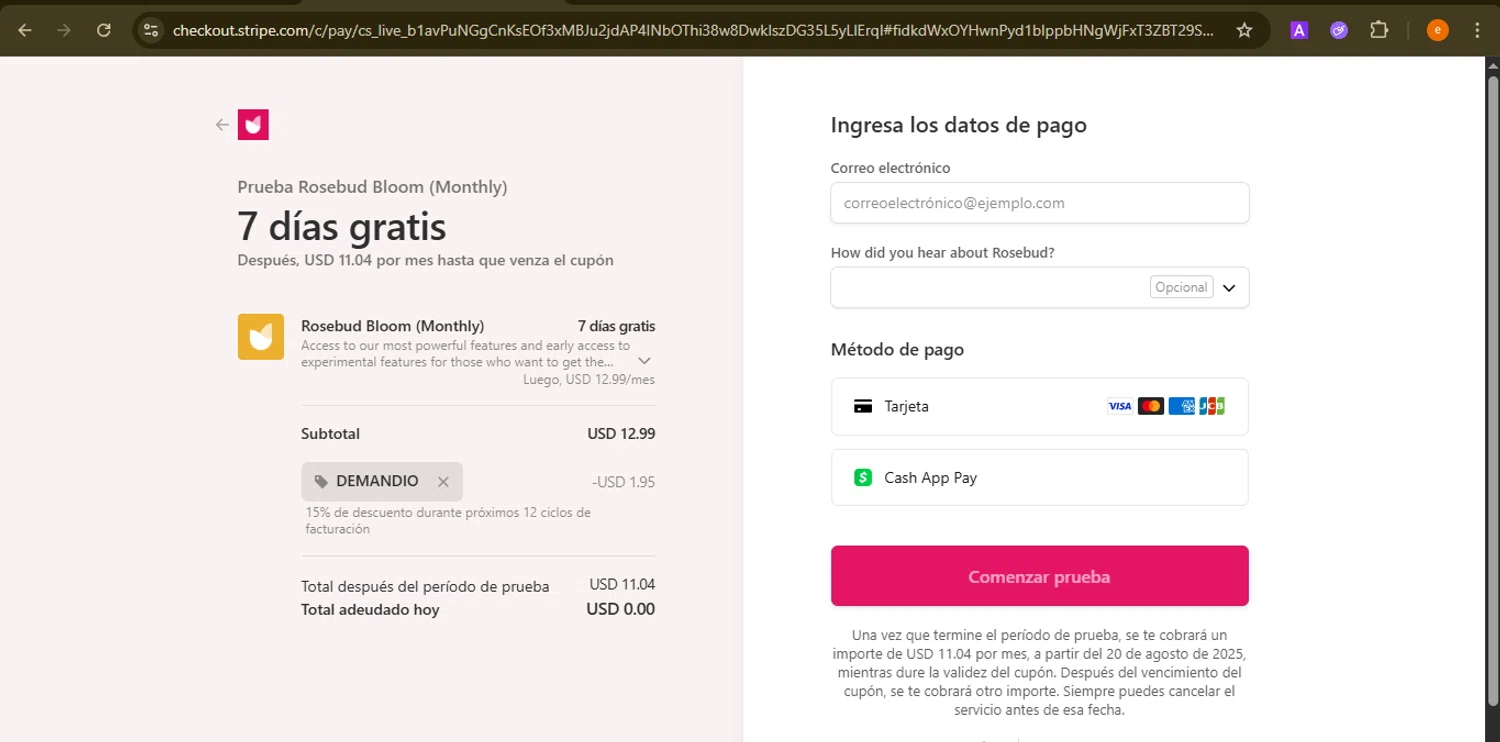 Rosebud promo code screenshot showing code DEMANDIO applied at Rosebud checkout page. Uploaded by SimplyCodes community member NobleElite1598 on Aug 13, 2025