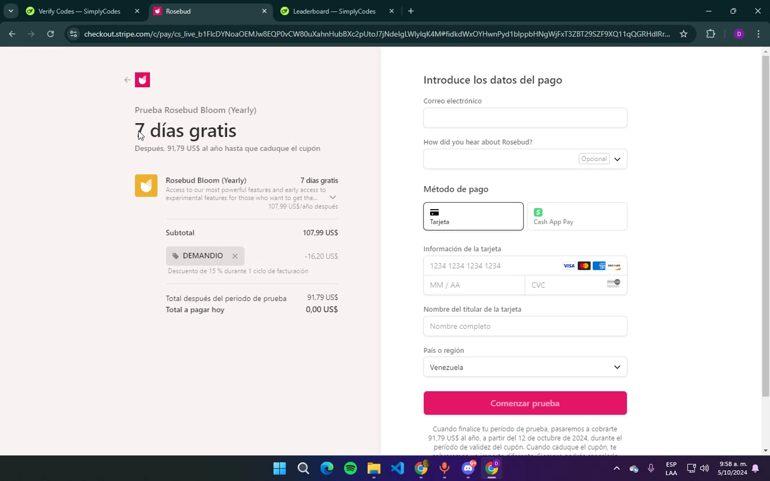 Rosebud checkout page showing Rosebud promo code box | Screenshot taken by SimplyCodes community member on Oct 5, 2024