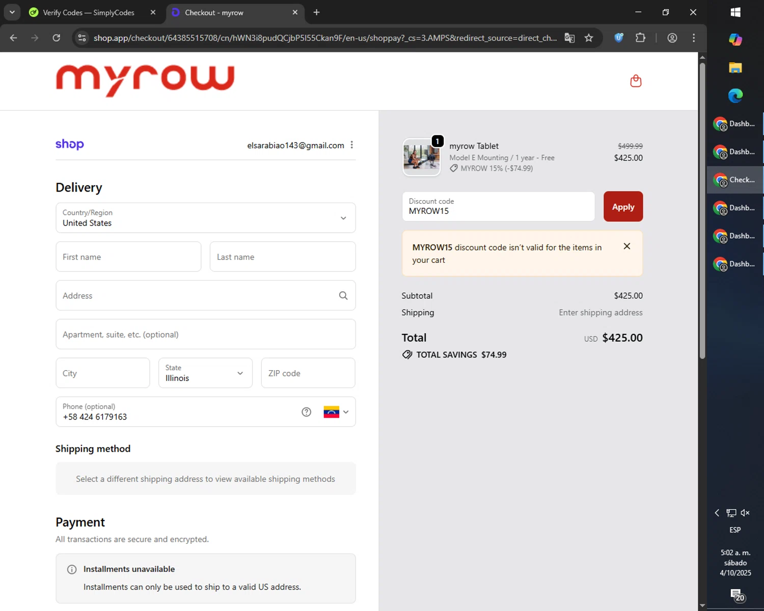 myrow promo code screenshot showing code MYROW15 applied at myrow checkout page. Uploaded by SimplyCodes community member MoneyPilot9165 on Oct 4, 2025