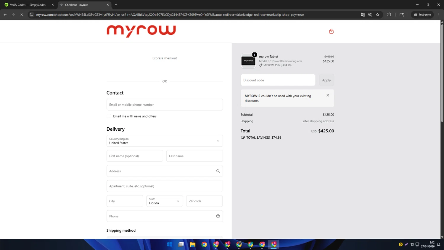 myrow checkout page showing myrow promo code box | Screenshot taken by SimplyCodes community member on Jan 27, 2026