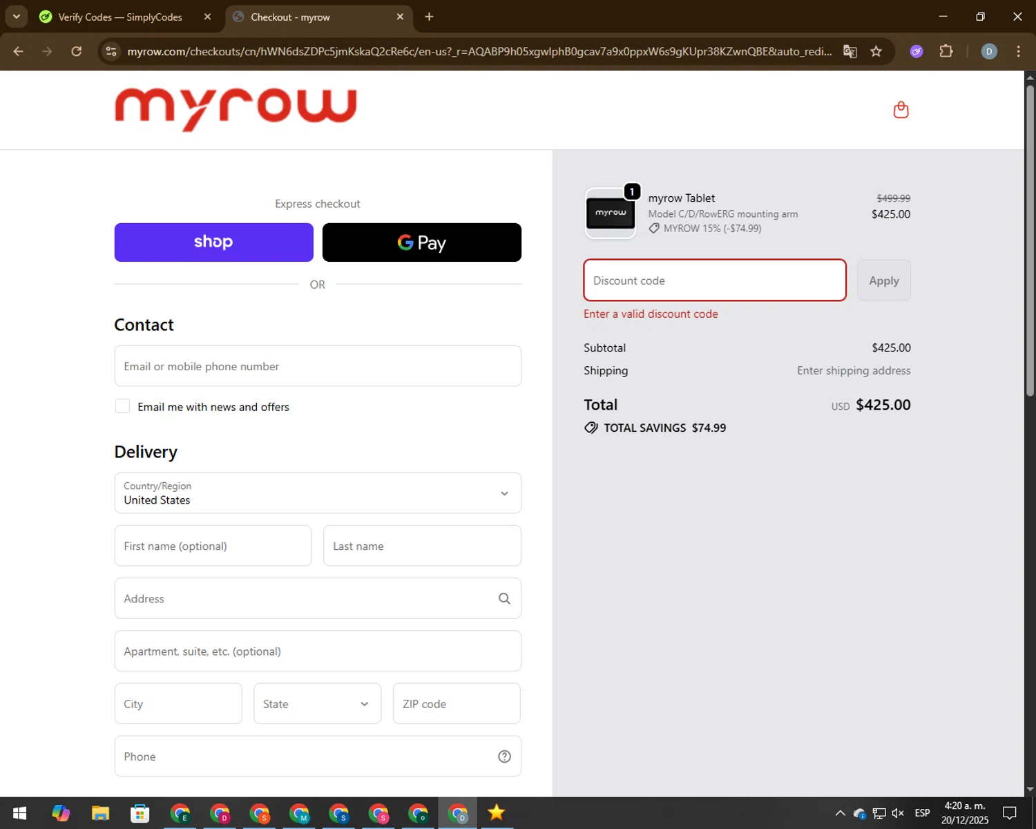 myrow promo code screenshot showing code MYROWBF25 applied at myrow checkout page. Uploaded by SimplyCodes community member CodeVoyager5621 on Dec 20, 2025