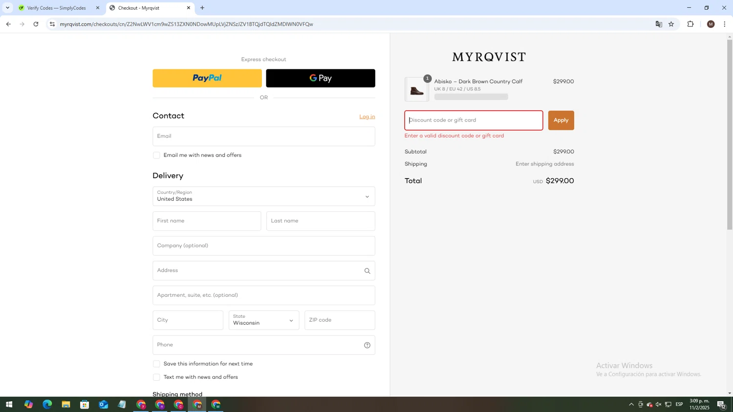 Myrqvist discount code screenshot showing code SPRING15 applied at Myrqvist checkout page. Uploaded by SimplyCodes community member KTMCRF on Feb 11, 2025