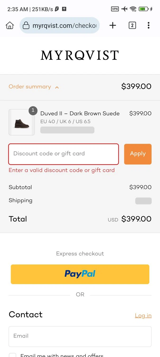 Myrqvist discount code screenshot showing code SPRING15 applied at Myrqvist checkout page. Uploaded by SimplyCodes community member _____________ on Jan 18, 2025