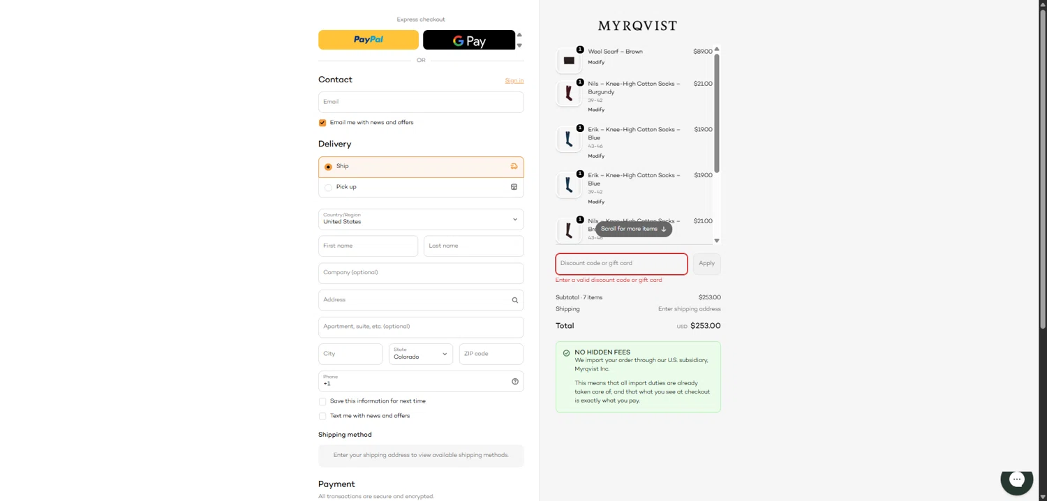 Myrqvist discount code screenshot showing code SS25 applied at Myrqvist checkout page. Uploaded by SimplyCodes community member SwiftHunter5737 on Feb 9, 2026