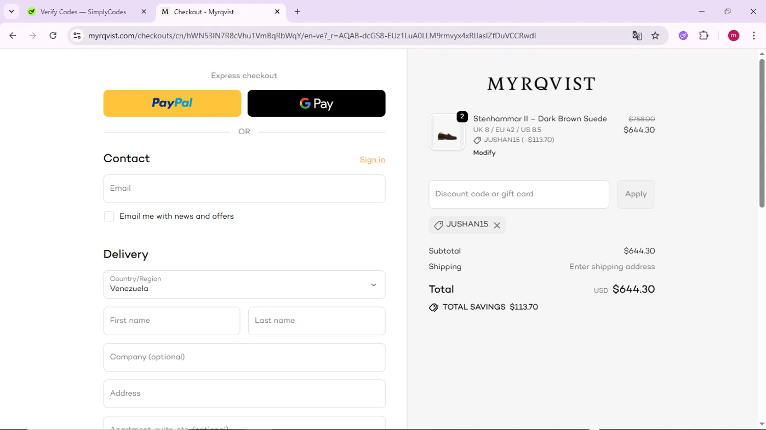Myrqvist discount code screenshot showing code JUSHAN15 applied at Myrqvist checkout page. Uploaded by SimplyCodes community member PrimeSage7080 on Nov 8, 2025