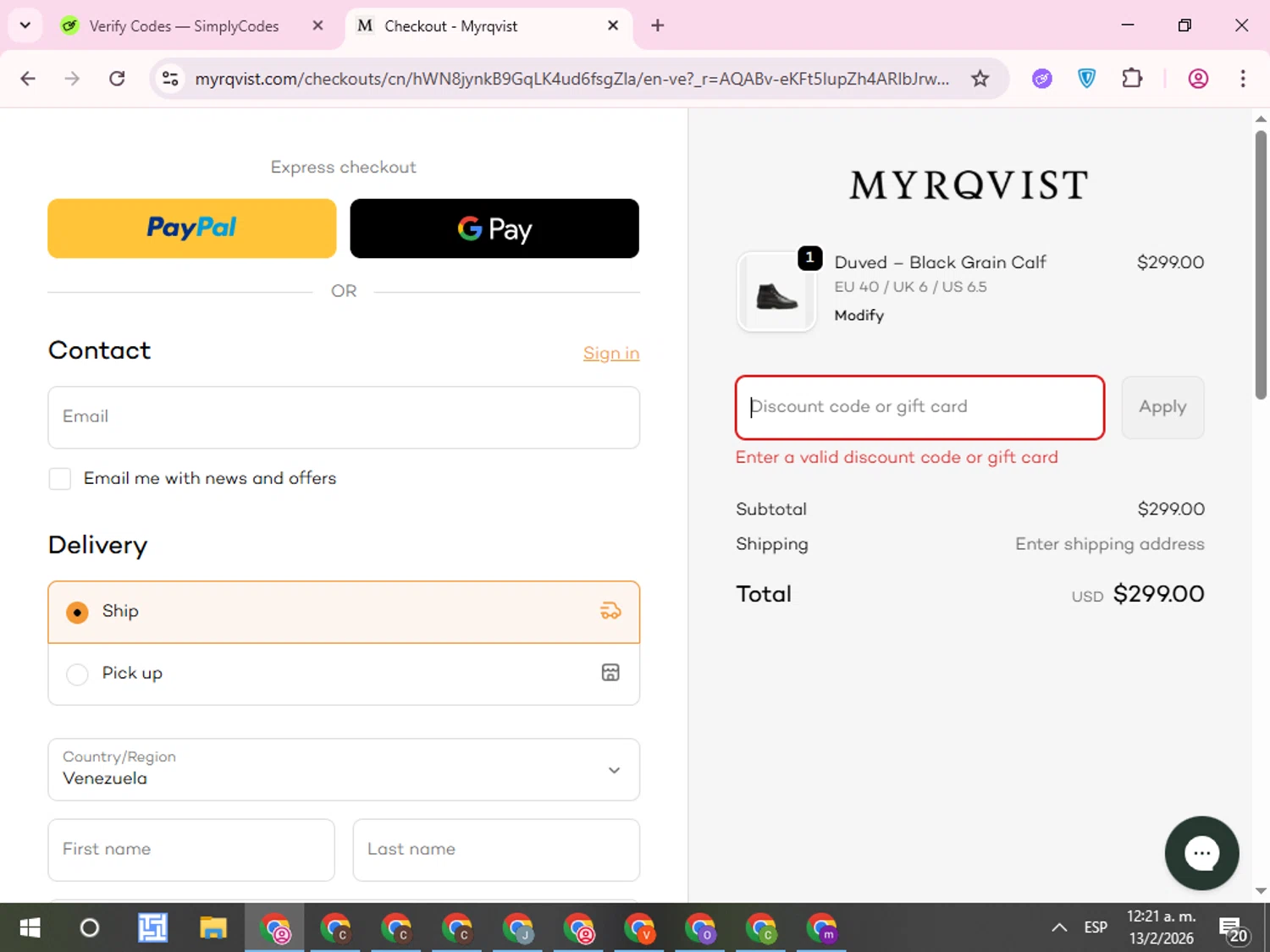 Myrqvist discount code screenshot showing code ENDOFSEASONSALE applied at Myrqvist checkout page. Uploaded by SimplyCodes community member QuestCurator1644 on Feb 13, 2026