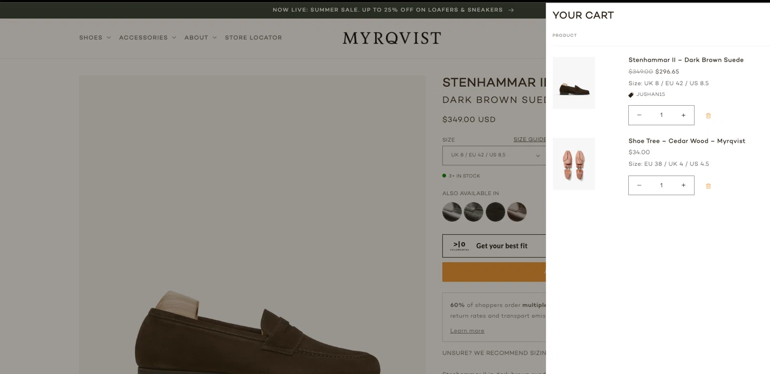 Myrqvist discount code screenshot showing code JUSHAN15 applied at Myrqvist checkout page. Uploaded by SimplyCodes community member ELOIN777 on Jul 31, 2025