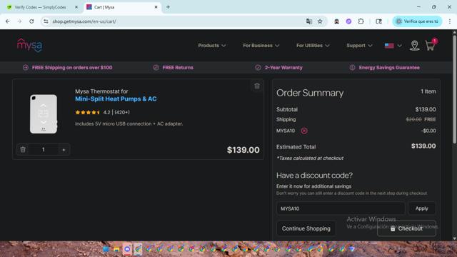 Mysa checkout page showing Mysa discount code box | Screenshot taken by SimplyCodes community member on Aug 13, 2025