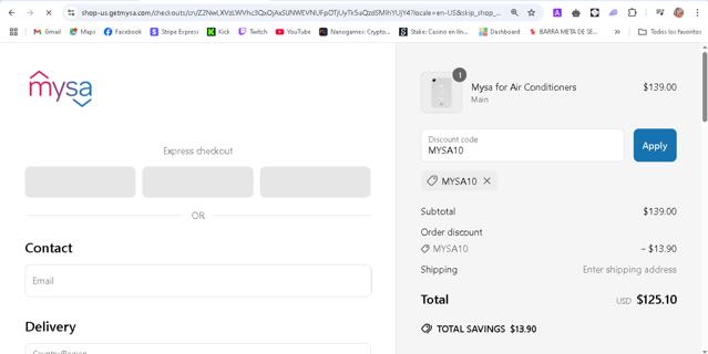 Mysa checkout page showing Mysa discount code box | Screenshot taken by SimplyCodes community member on Apr 12, 2025