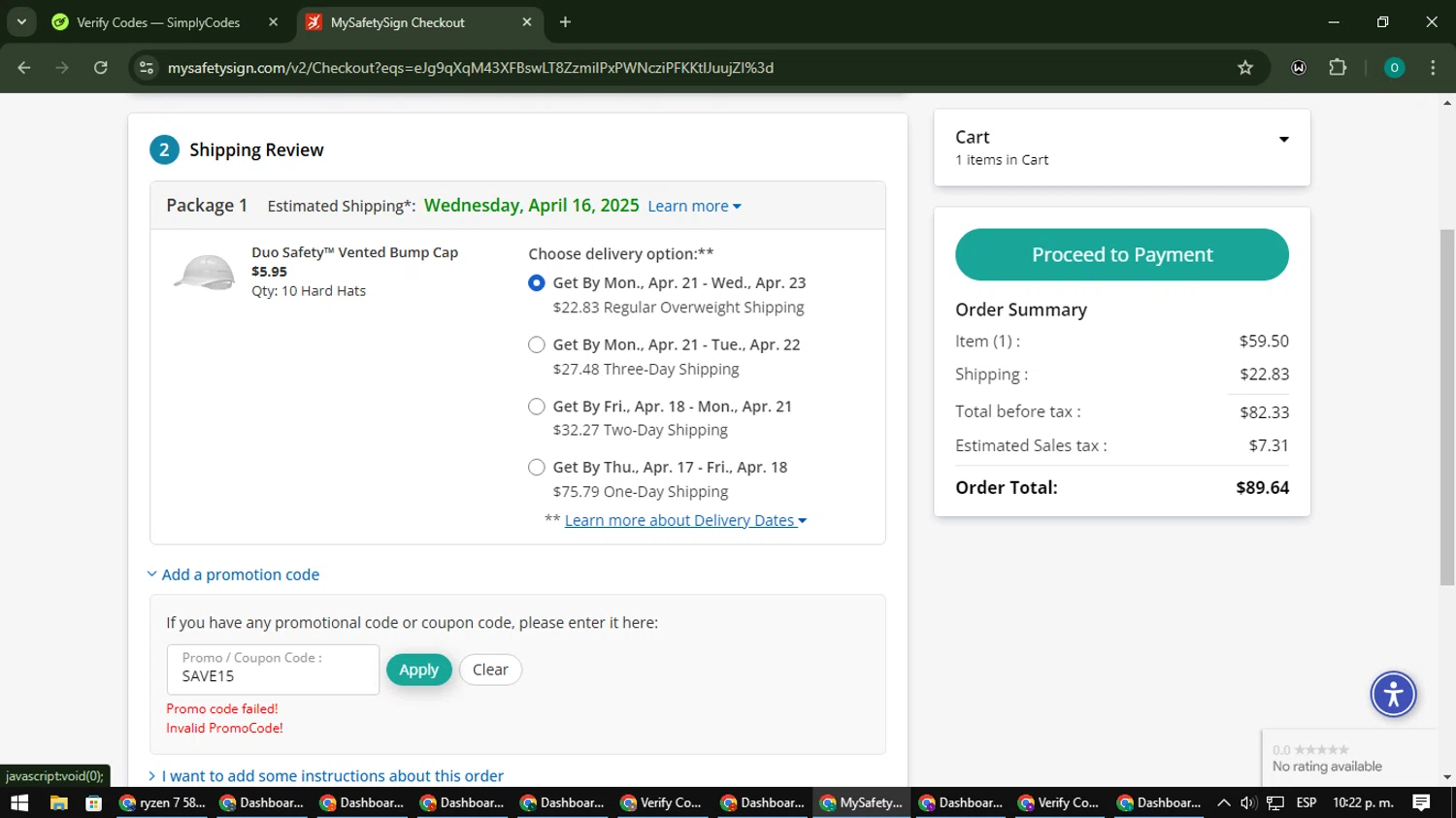 MySafetySign promo code screenshot showing code SAVE15 applied at MySafetySign checkout page. Uploaded by SimplyCodes community member LuckyDefender9428 on Feb 20, 2025