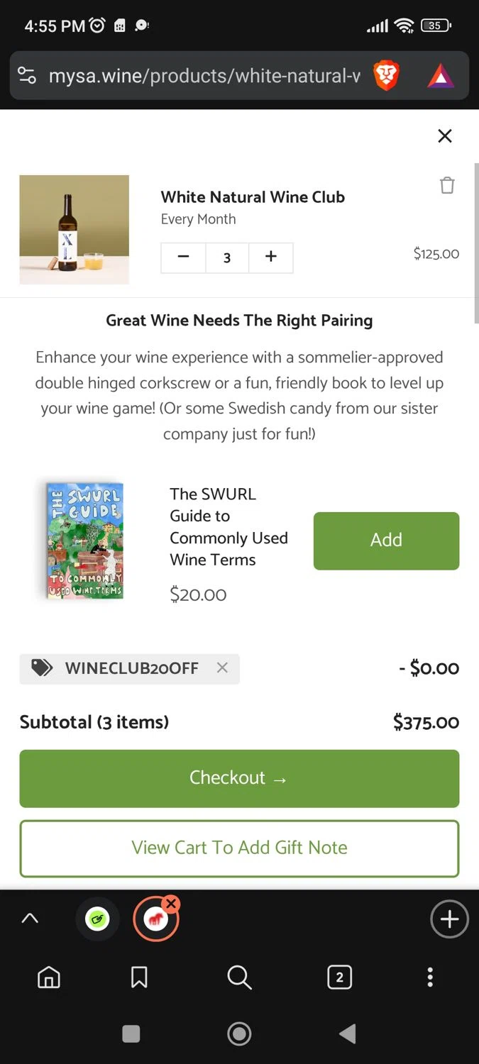 MYSA Natural Wine promo code screenshot showing code wineclub20off applied at MYSA Natural Wine checkout page. Uploaded by SimplyCodes community member BargainPioneer8286 on Dec 12, 2025