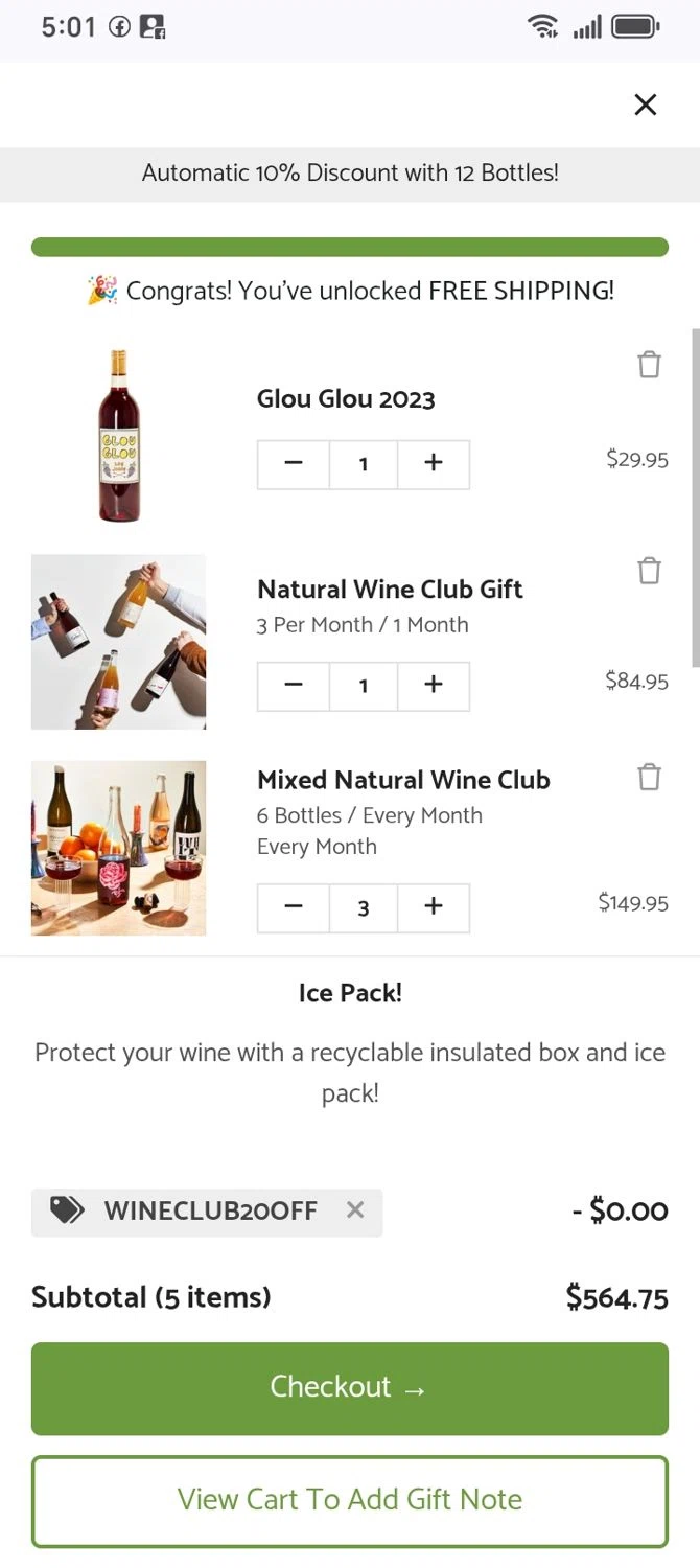 MYSA Natural Wine promo code screenshot showing code wineclub20off applied at MYSA Natural Wine checkout page. Uploaded by SimplyCodes community member franksanchez on Jul 12, 2025