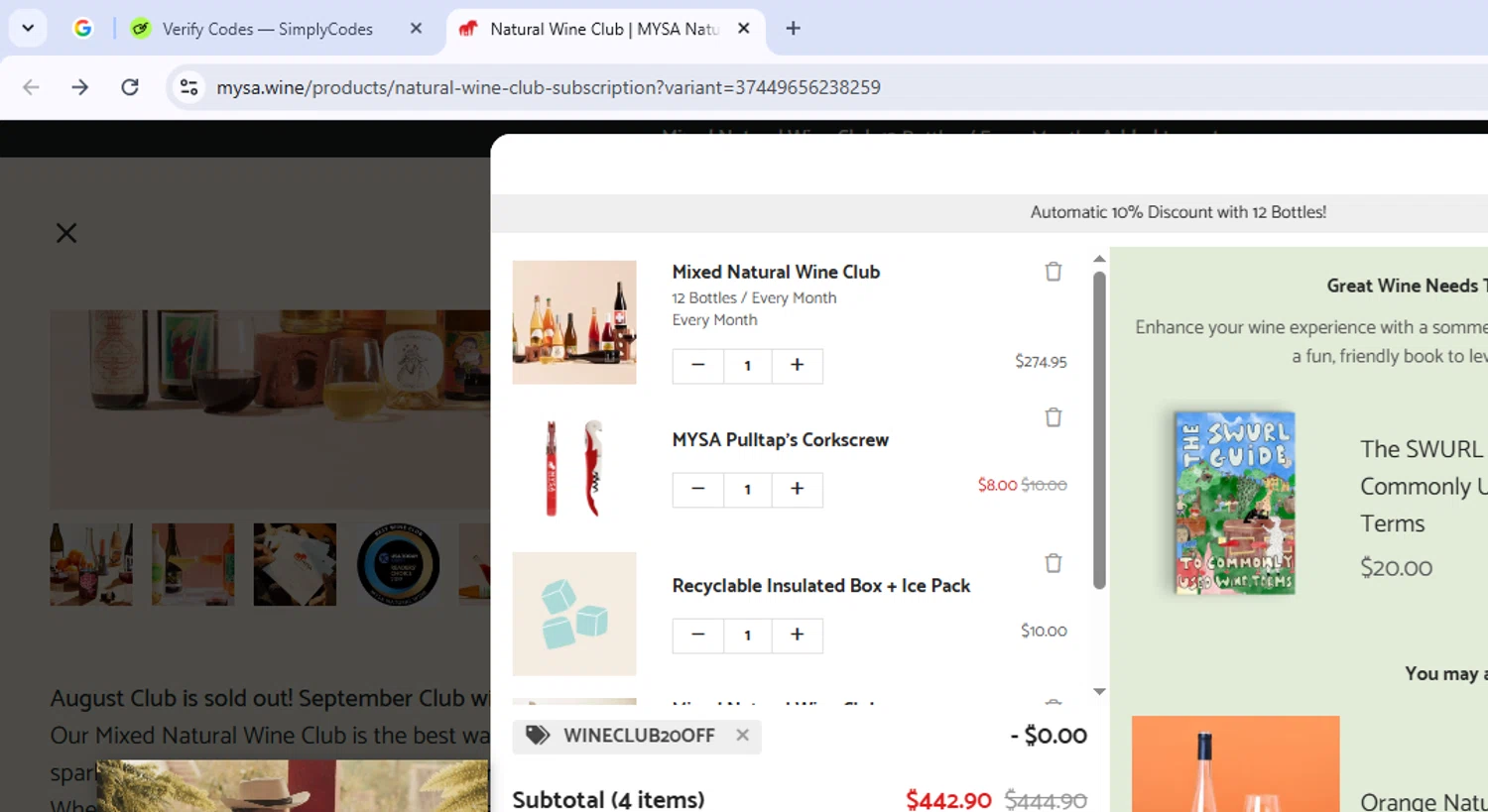 MYSA Natural Wine promo code screenshot showing code wineclub20off applied at MYSA Natural Wine checkout page. Uploaded by SimplyCodes community member luispepe on Sep 5, 2025