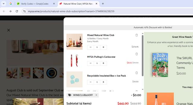 MYSA Natural Wine checkout page showing MYSA Natural Wine promo code box | Screenshot taken by SimplyCodes community member on Sep 5, 2025