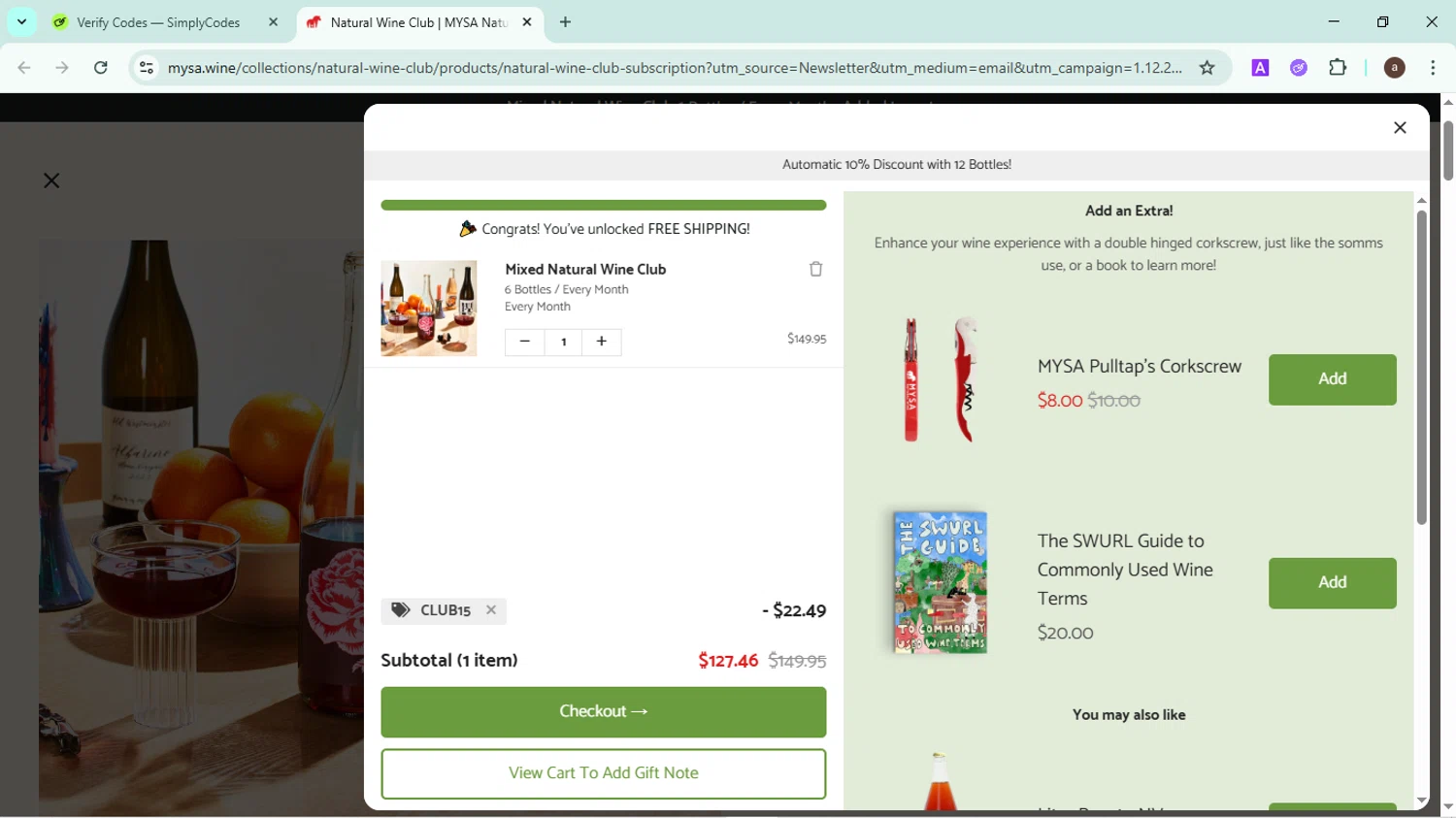 MYSA Natural Wine promo code screenshot showing code CLUB15 applied at MYSA Natural Wine checkout page. Uploaded by SimplyCodes community member CodeMaverick246 on May 9, 2025