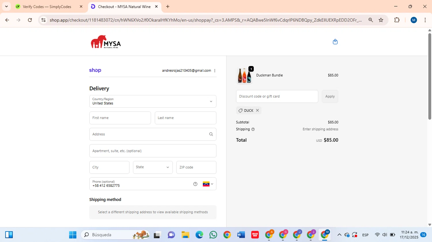 MYSA Natural Wine promo code screenshot showing code duck applied at MYSA Natural Wine checkout page. Uploaded by SimplyCodes community member BrilliantLion8135 on Dec 17, 2025