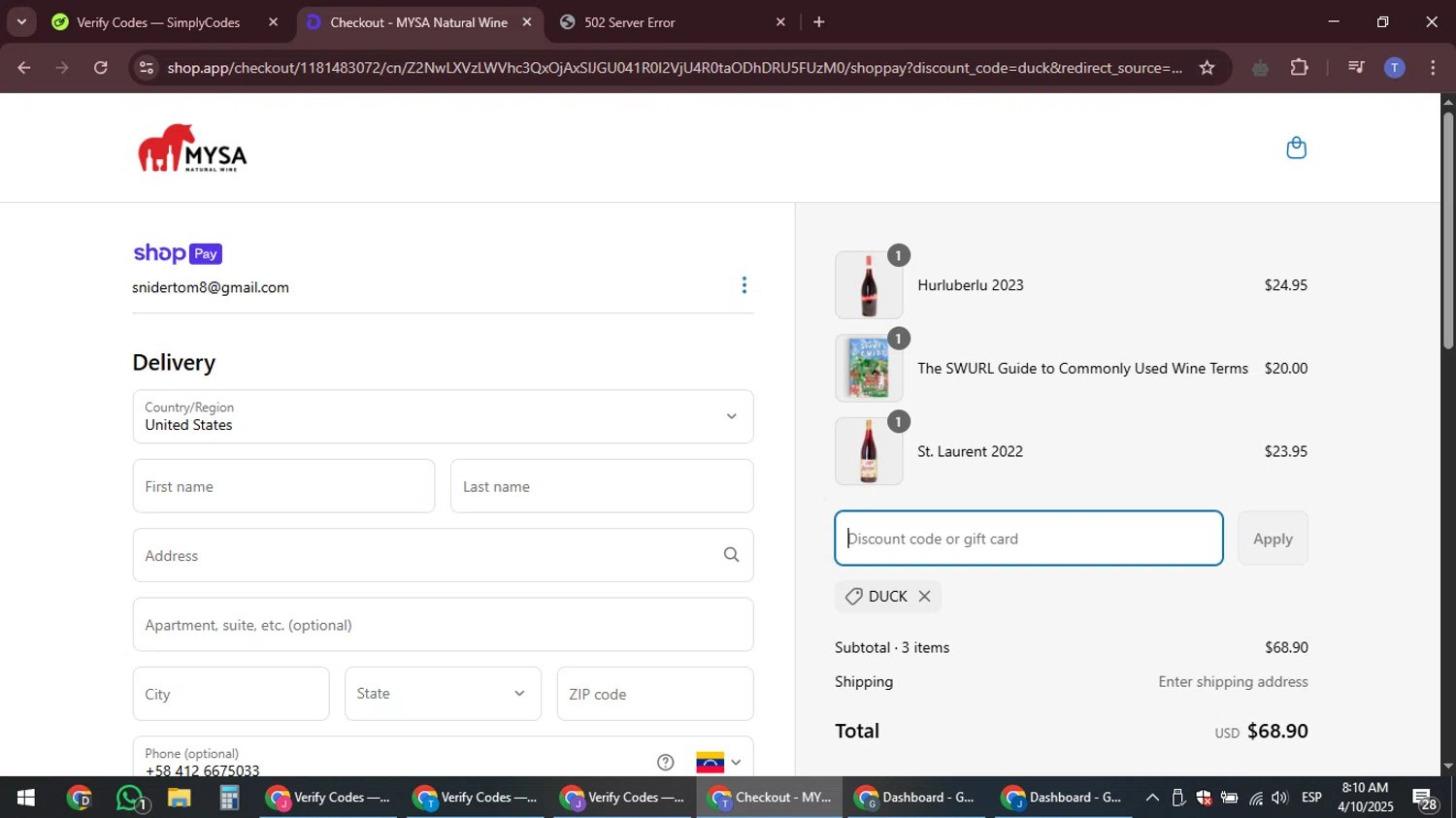 MYSA Natural Wine promo code screenshot showing code duck applied at MYSA Natural Wine checkout page. Uploaded by SimplyCodes community member snidertom8 on Apr 10, 2025