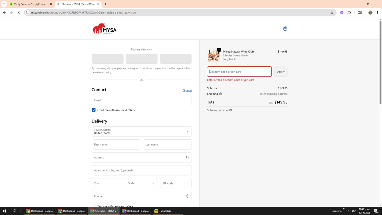 MYSA Natural Wine promo code screenshot showing code CLUBFLASH applied at MYSA Natural Wine checkout page. Uploaded by SimplyCodes community member Phoenix585 on Oct 12, 2025
