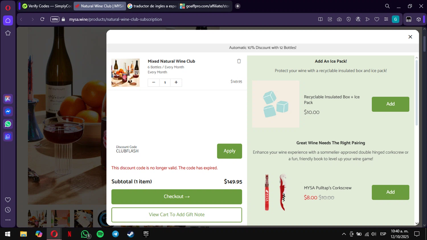 MYSA Natural Wine promo code screenshot showing code CLUBFLASH applied at MYSA Natural Wine checkout page. Uploaded by SimplyCodes community member ValiantWarden3907 on Oct 12, 2025