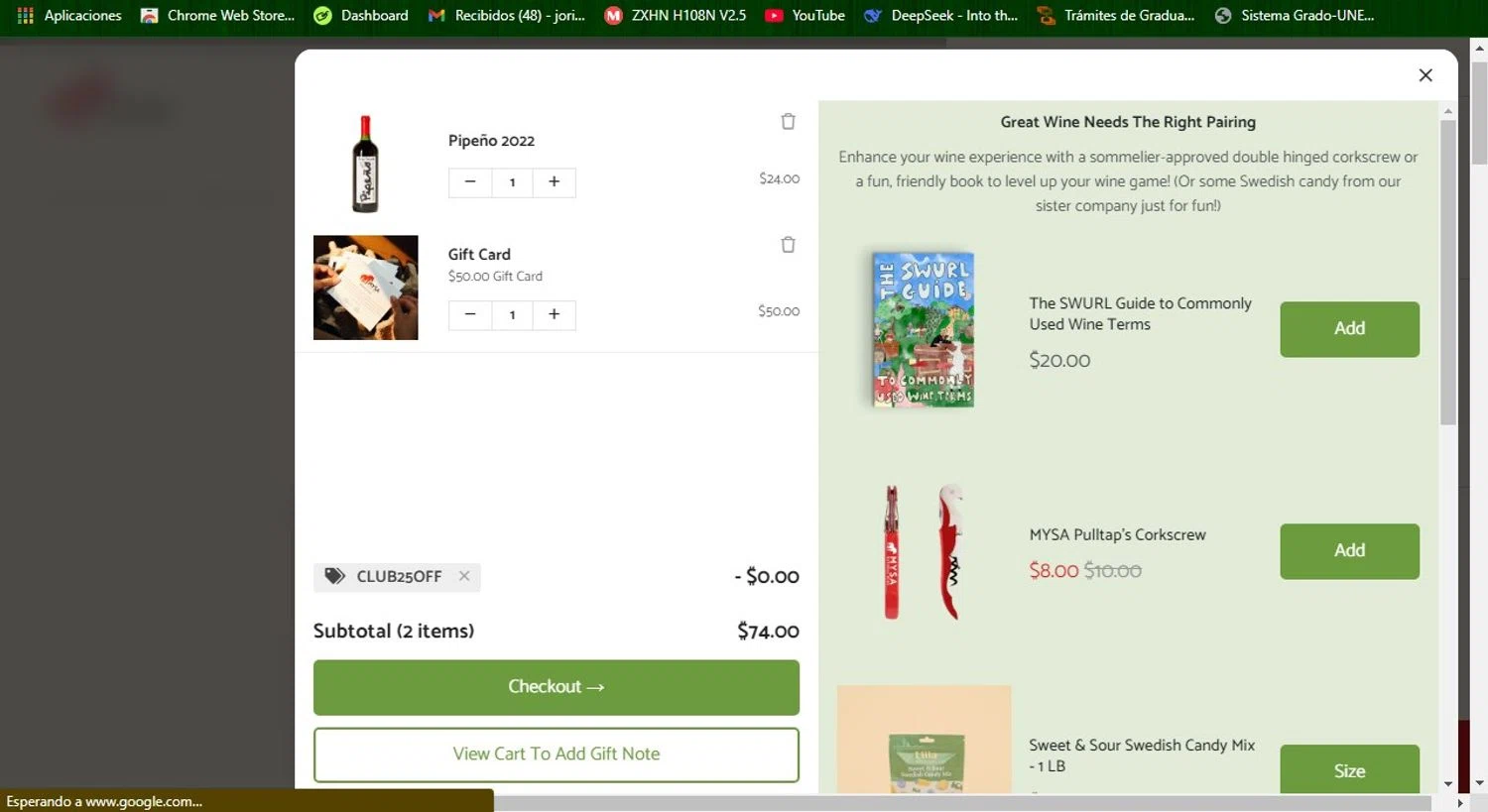MYSA Natural Wine promo code screenshot showing code CLUB25OFF applied at MYSA Natural Wine checkout page. Uploaded by SimplyCodes community member Patobel on Dec 12, 2025
